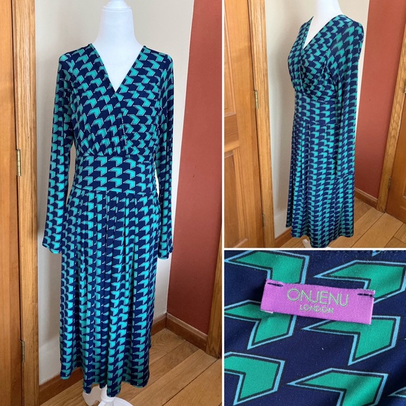 Onjenu Dresses & Skirts - Onjenu London Stretchy Draped Geometric Pattern Blue Green Faux Wrap Dress Sz 10